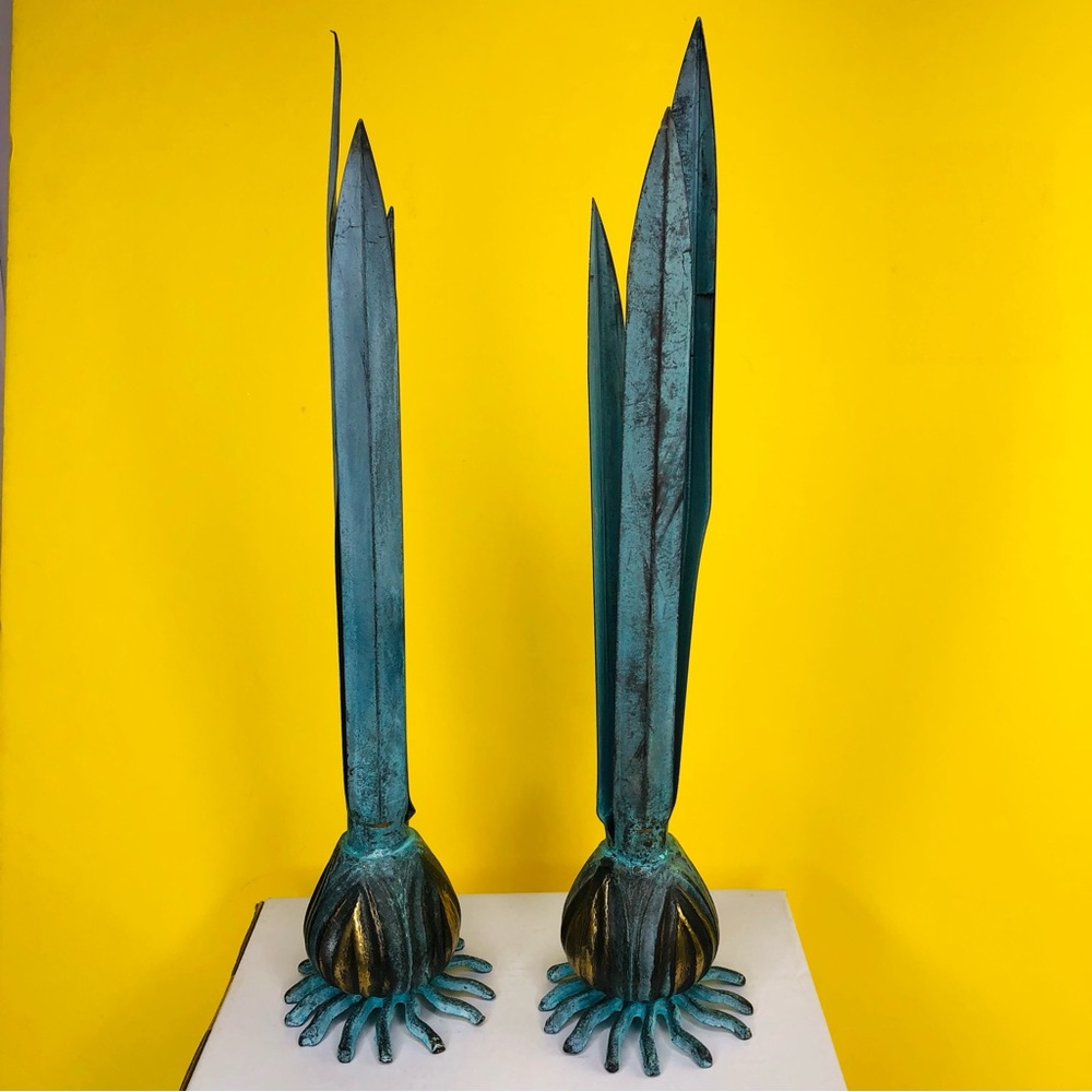 Pair Vtg Brass Onion Bulb Bud Vases Gold Patina Green Roots Footed Candle Holder